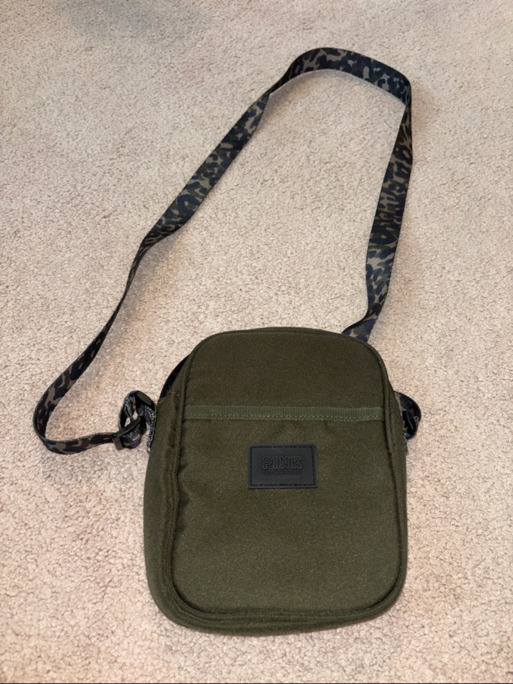 PINK Victoria's Secret Olive Green Crossbody with Leopard-Print Strap